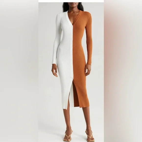 STAUD Two-Tone White and Brown sweaterDress